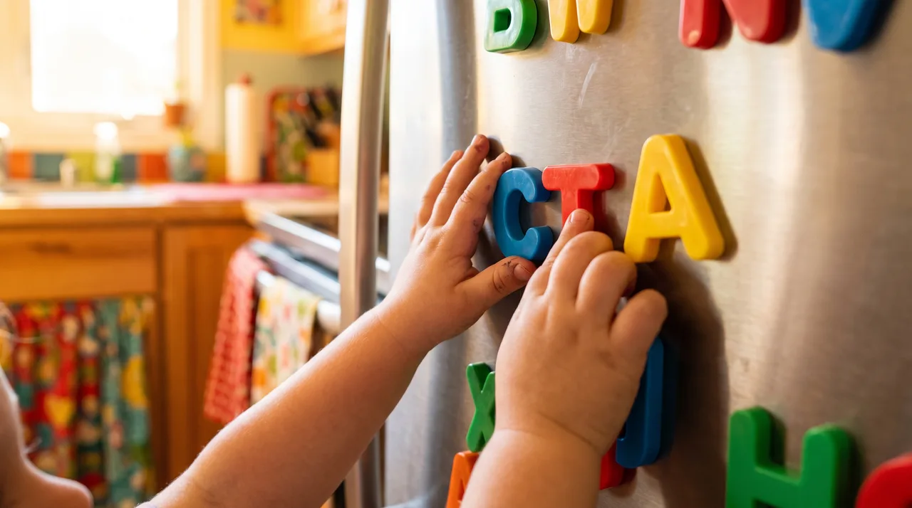 A child's hands arranging colorful magnetic alphabet letters on a fridge door to spell a word.
