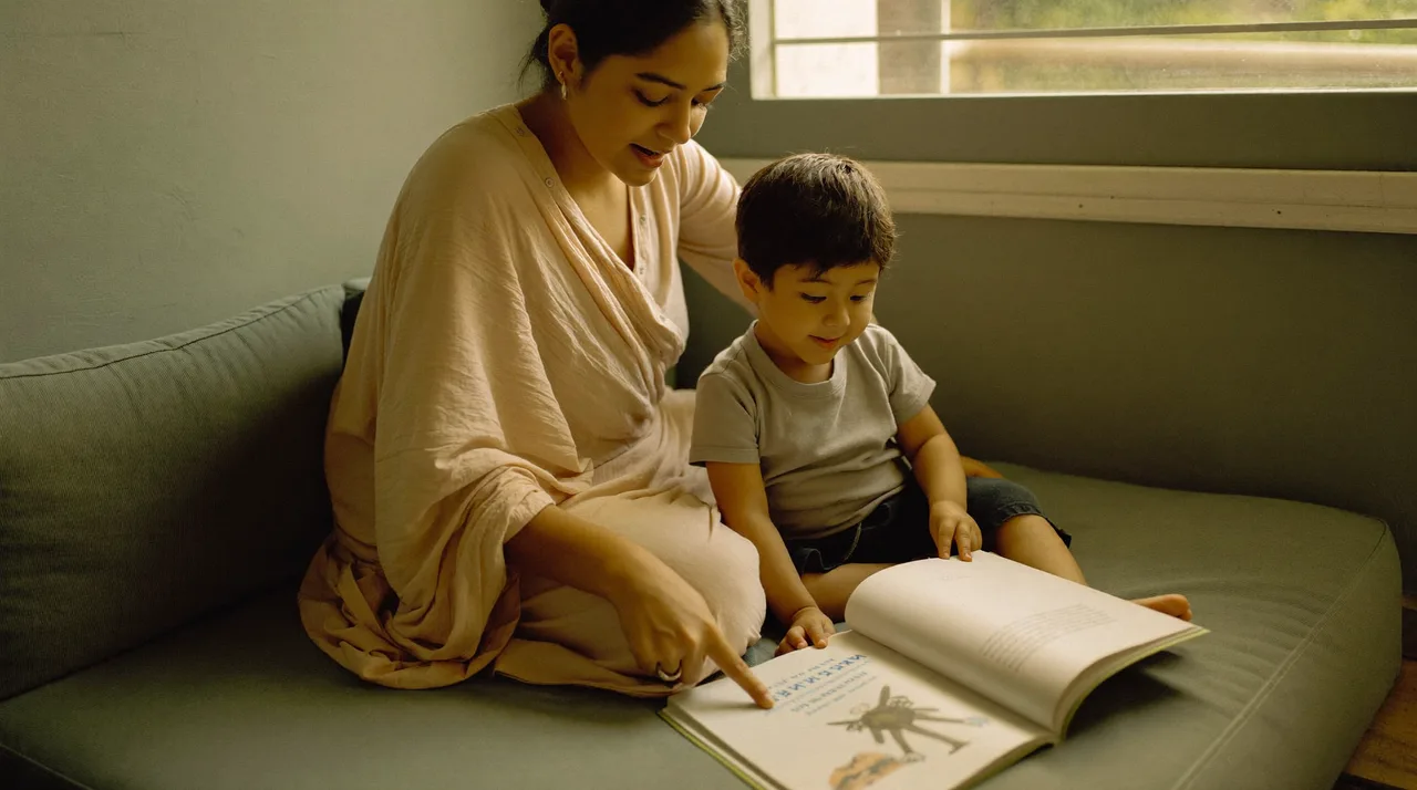 A mother and young son sit together on a cushioned reading-nook floor, pointing to a word in a picture book as he sounds it out.
