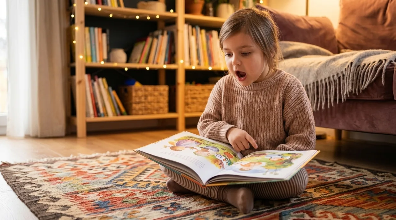 A young child sitting on a rug at home, reading aloud from an open picture book with a focused, engaged expression.
