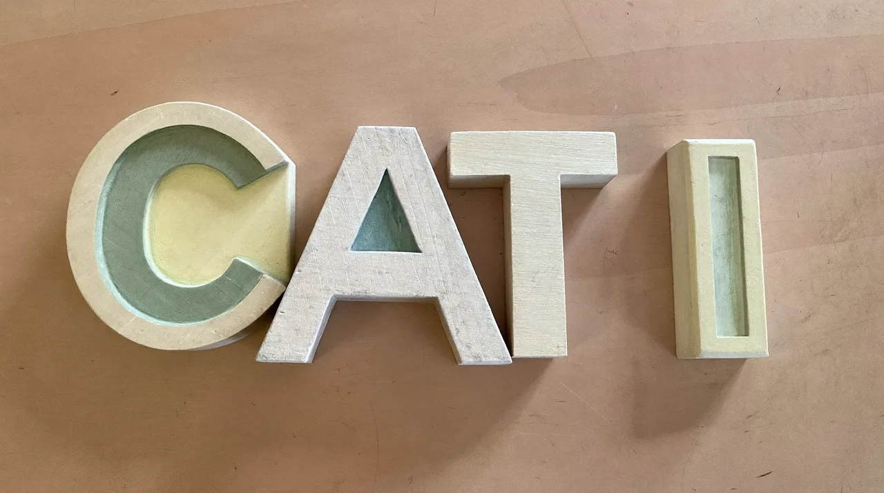 Three wooden letter blocks spelling CAT arranged in a row on a light wood table.