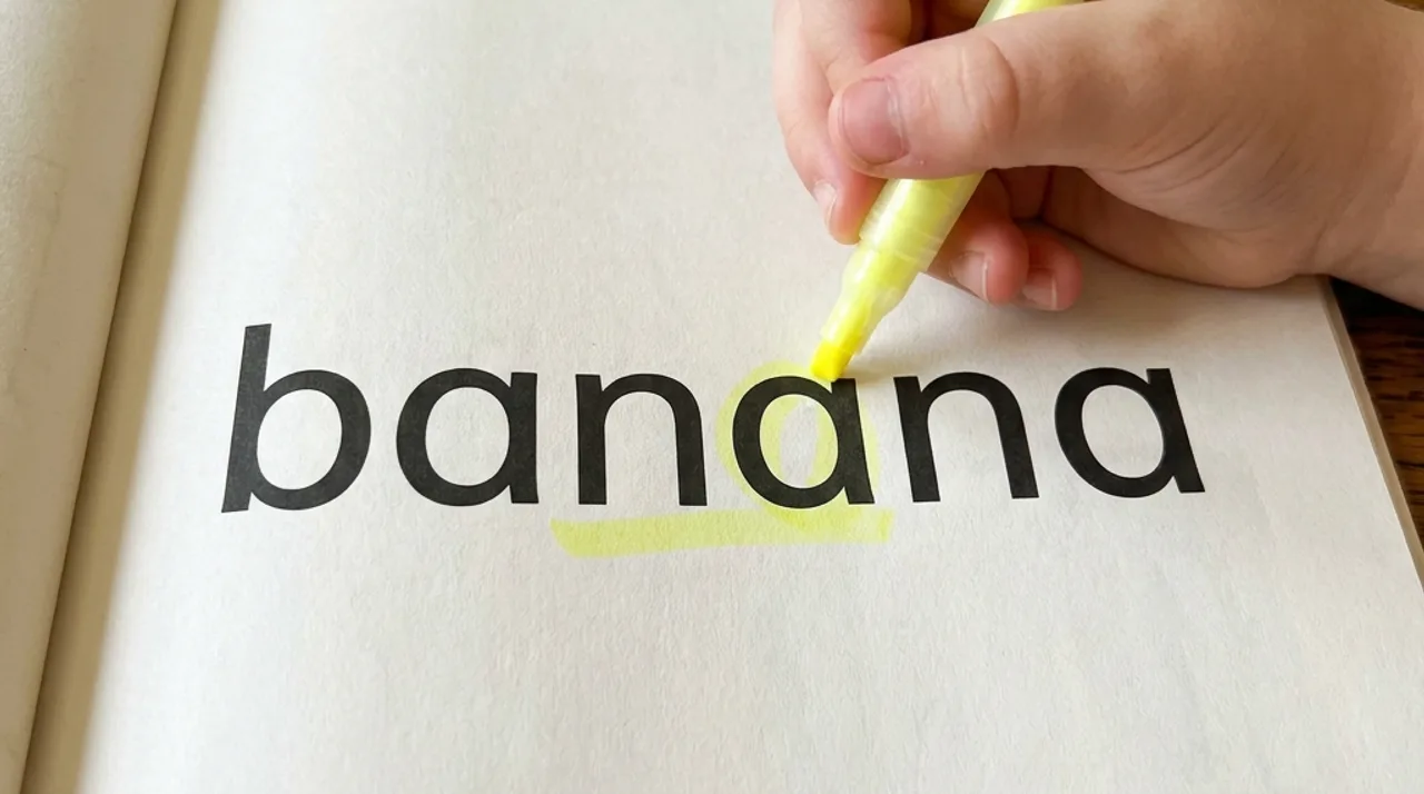 A child's hand holding a yellow highlighter, marking under the middle syllable of the word banana in an open workbook.
