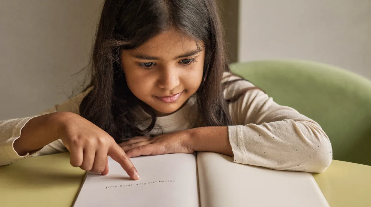 A young girl reads aloud from a picture book at a table, finger under the word, concentrating on sounding it out.