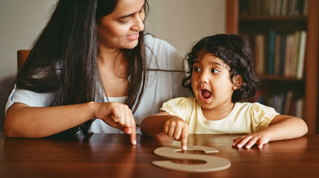 A four-year-old traces a wooden sandpaper letter with one finger while an adult sounds it out beside them.