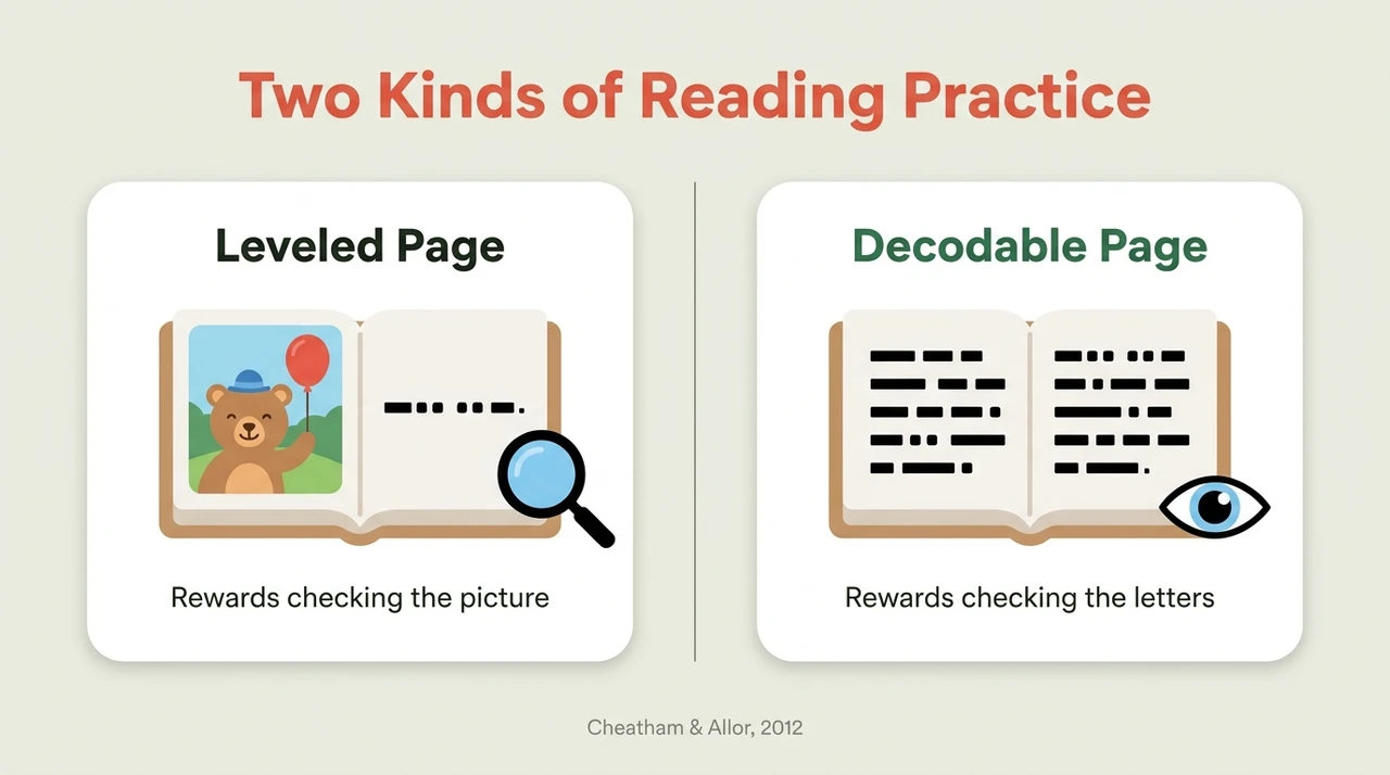 Infographic comparing a leveled-reader page, which rewards checking the picture, against a decodable page, which rewards checking the letters.