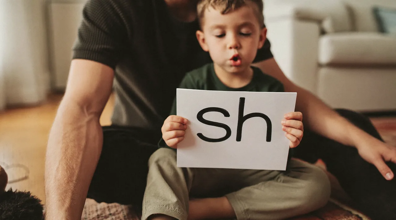 A parent holds up a flashcard showing the letters sh while a five-year-old sounds out the digraph.
