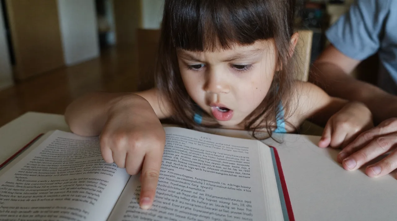 A five-year-old sits at a small table sounding out words in an open decodable reader, finger tracking under the text.