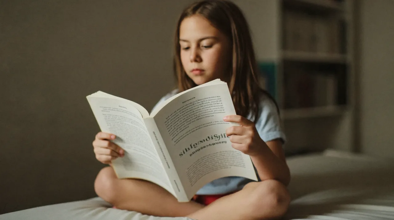 A seven-year-old sits alone on a bed reading a chapter book, fully absorbed, with no adult prompting.