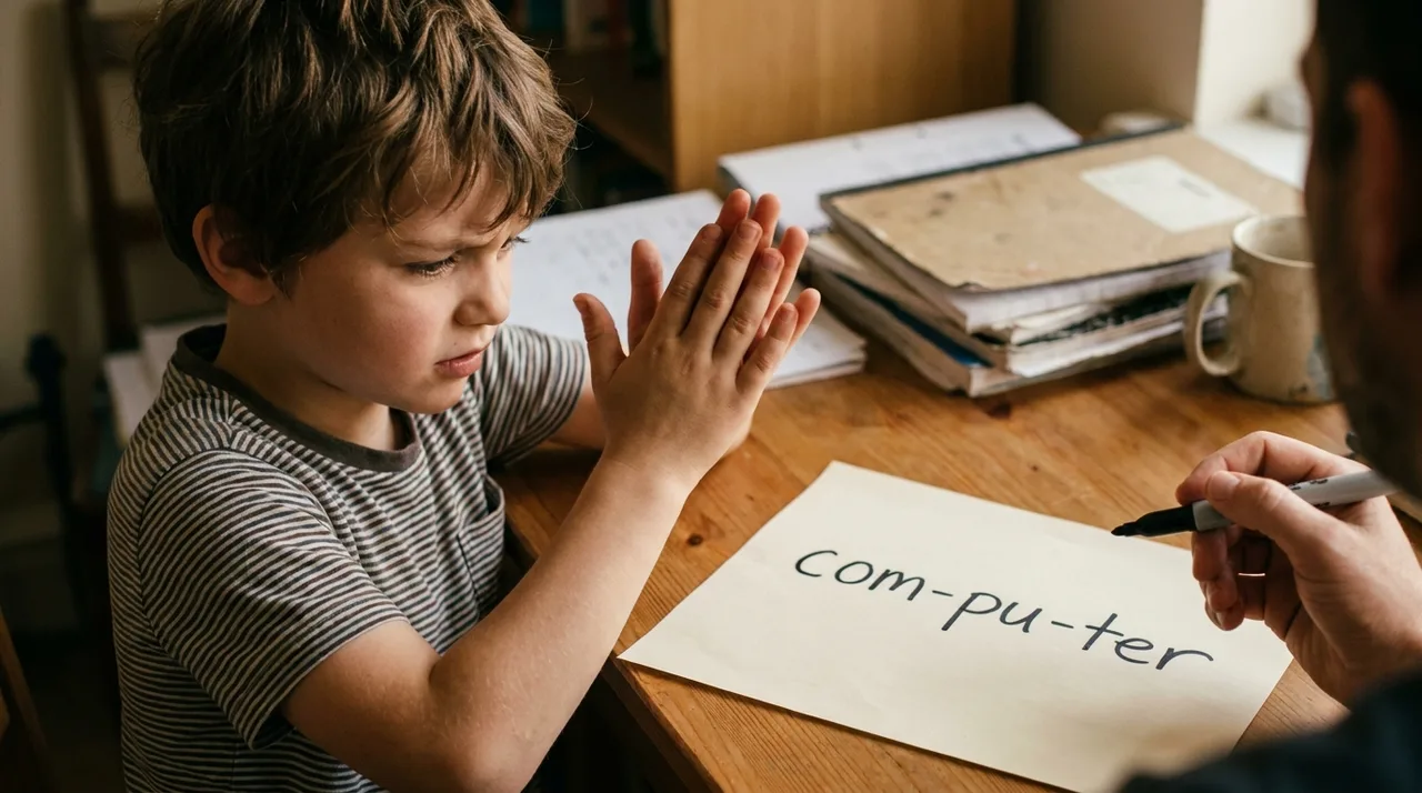 An eight-year-old claps out syllables of a long word while an adult writes the word in chunks on paper.