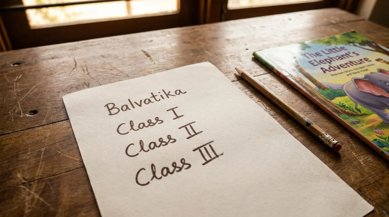 Handwritten list of NIPUN Bharat's four stages, Balvatika, Class I, Class II, Class III, beside a children's storybook
