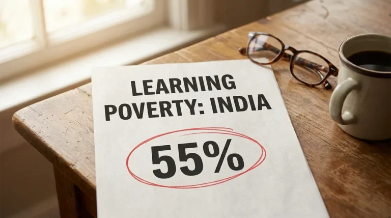 Printed page reading Learning Poverty India with 55 percent circled in red pen, next to reading glasses and a coffee cup