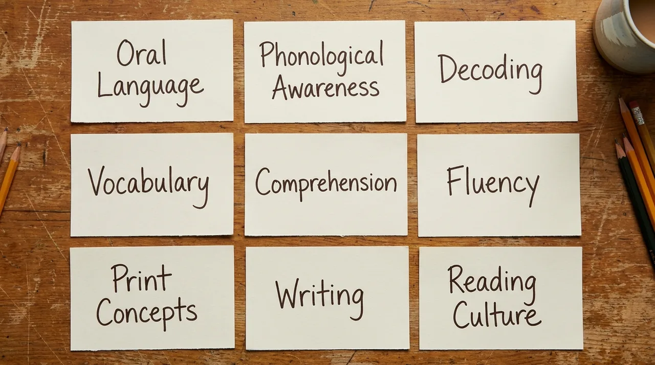 Nine index cards listing NIPUN Bharat's building blocks of foundational literacy: oral language, phonological awareness, decoding, vocabulary, comprehension, fluency, print concepts, writing, and reading culture