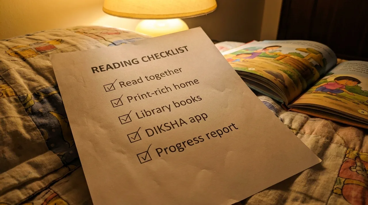Printed reading checklist with items read together, print-rich home, library books, DIKSHA app, and progress report, resting on a child's bed
