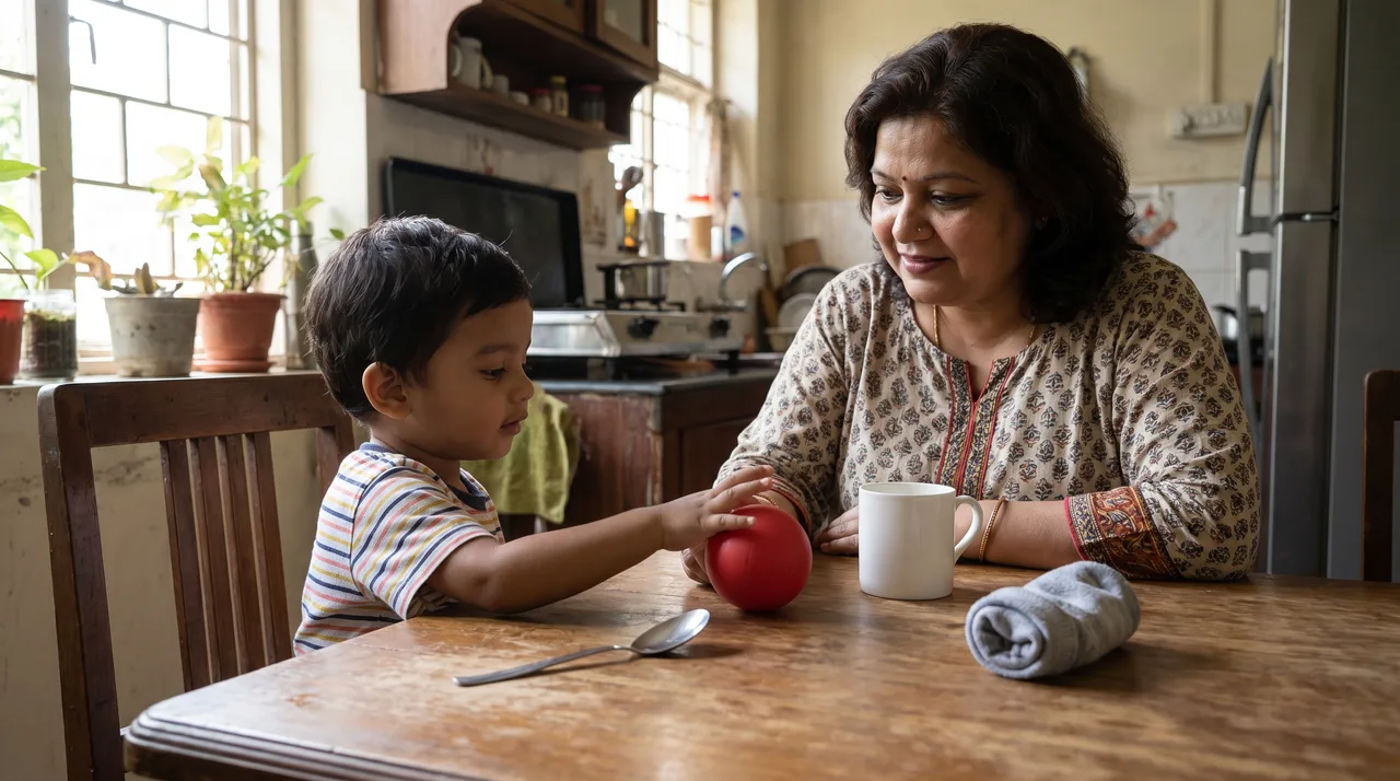 An Indian mother and her five-year-old at a kitchen table with a spoon, a mug, a red ball and a sock, the child reaching for the ball.