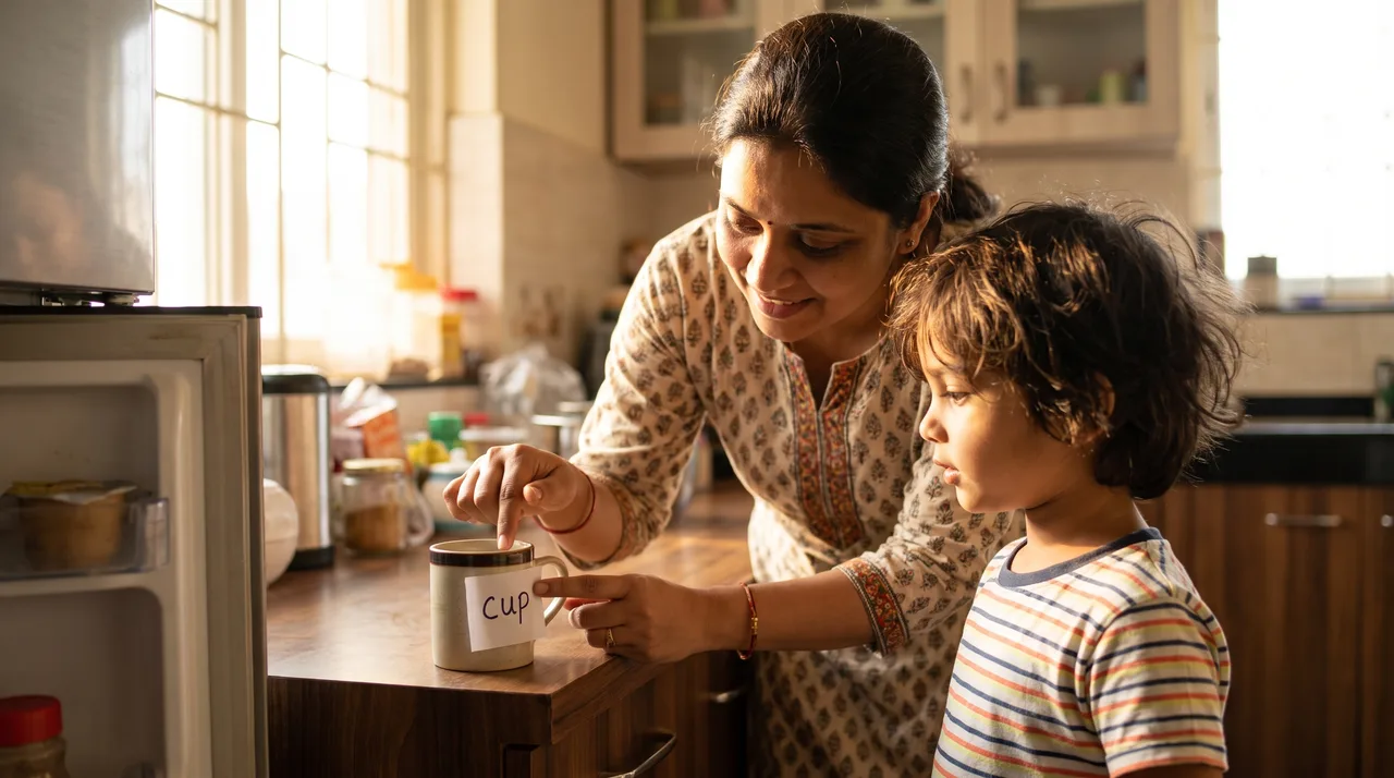 A parent and a five-year-old stand at a kitchen counter beside an open fridge, a cup on the counter labelled 'cup', the parent's finger on the first letter while the child watches.