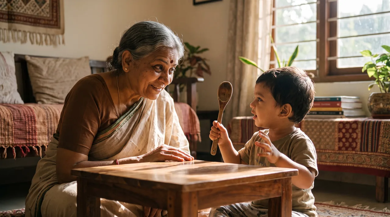 A grandmother and a toddler at a low table, the grandmother leaning in with a questioning expression while the child holds up an object and answers.