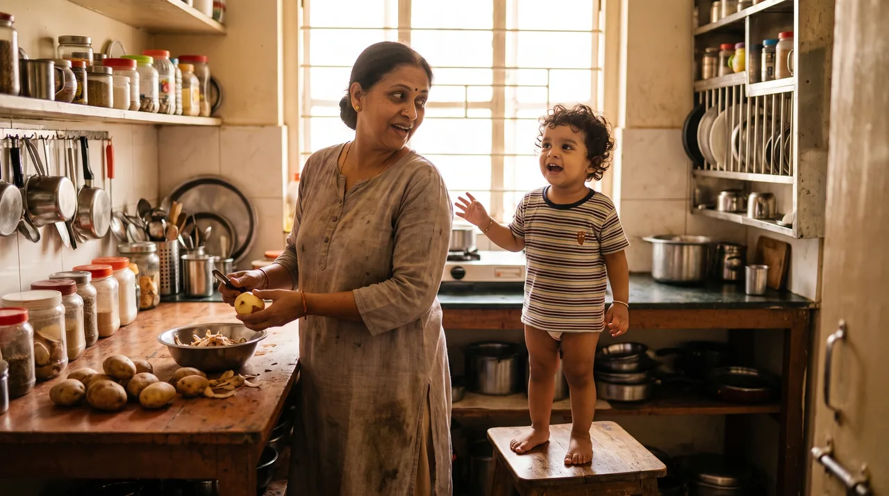 A parent at a kitchen counter peeling potatoes, half-turned toward a toddler standing on a low stool beside them, mid-conversation.