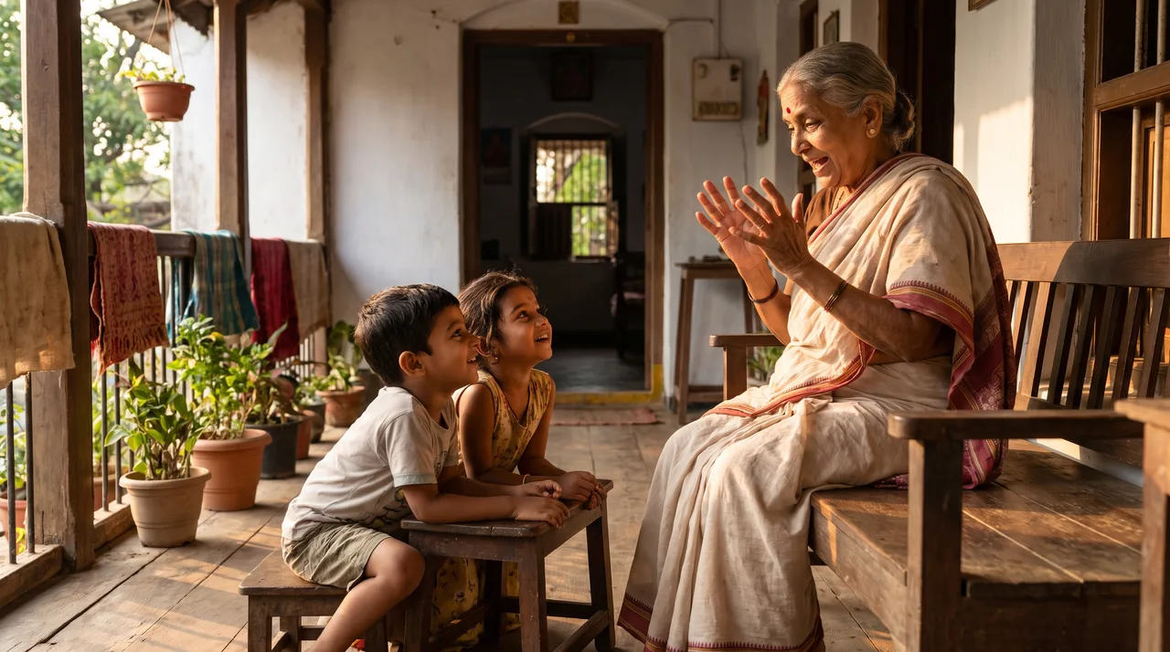 A grandmother tells a story to two young grandchildren on a home veranda, her hands raised mid-gesture as the children watch closely.