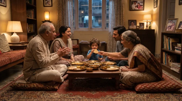A young child sits at the centre of a three-generation family gathered on floor cushions for a meal, several adults mid-conversation and one leaning toward the child.