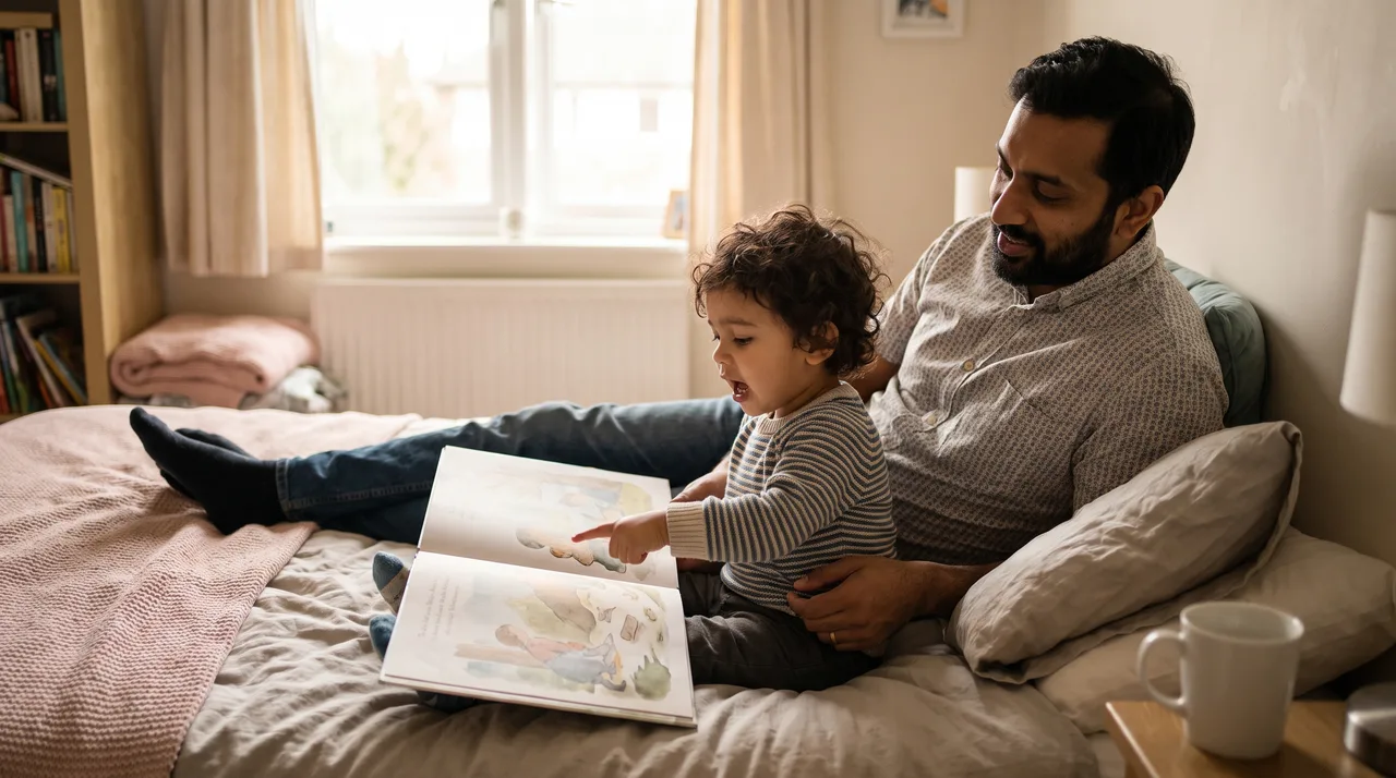 A parent and a four-year-old share a picture book on a bed, the child pointing at the page and talking while the parent listens with an open, unhurried expression.