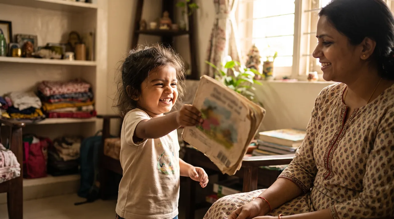 A young child holds a well-worn picture book up toward a parent with an eager expression, clearly asking for it to be read again.