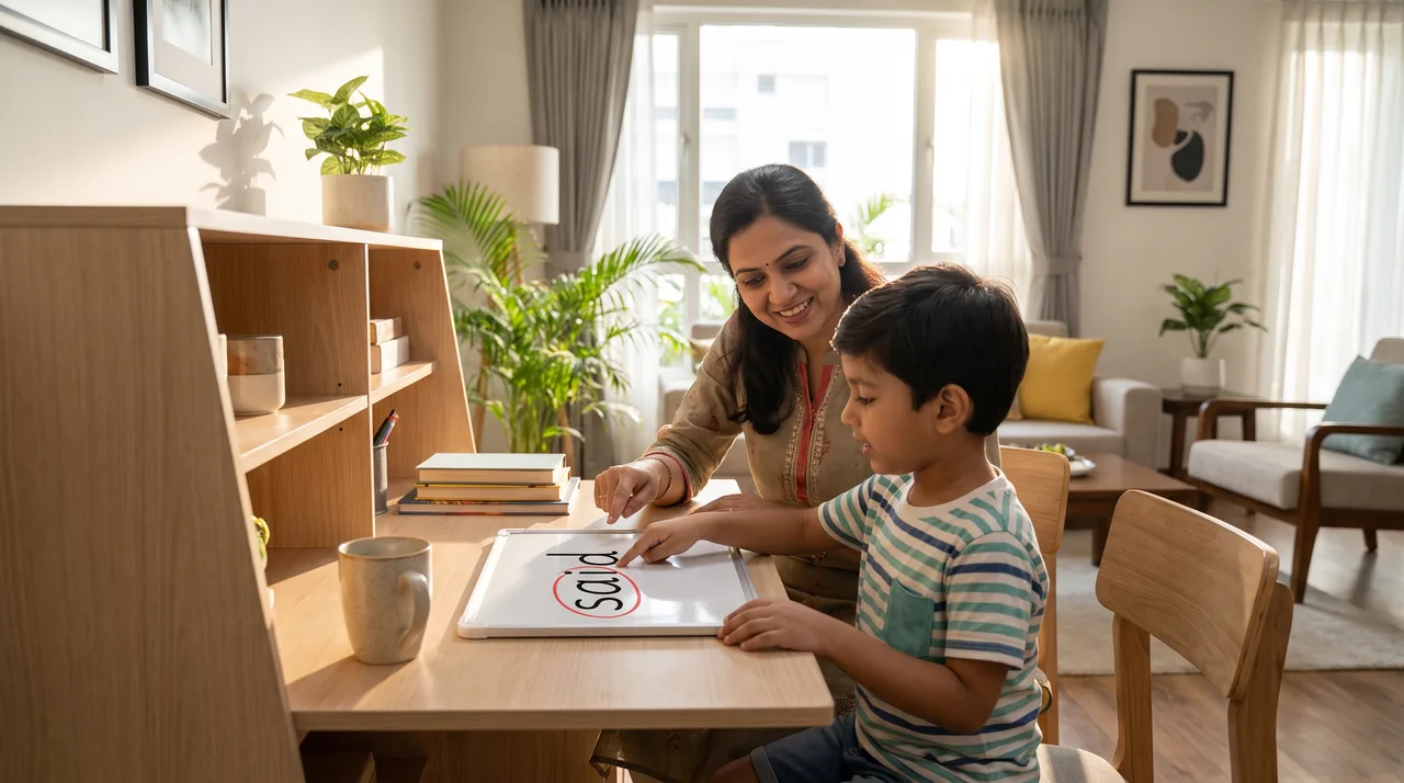 A parent and child circling the tricky part of a heart word on a whiteboard at home