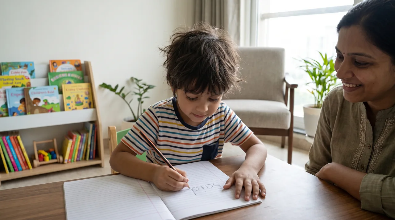 A child writing a heart word three times while a parent watches at the kitchen table