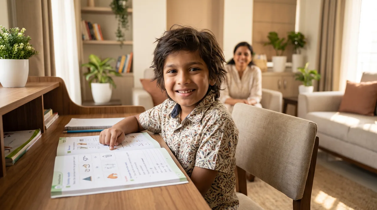 A confident young child reading a simple word aloud from a workbook, smiling