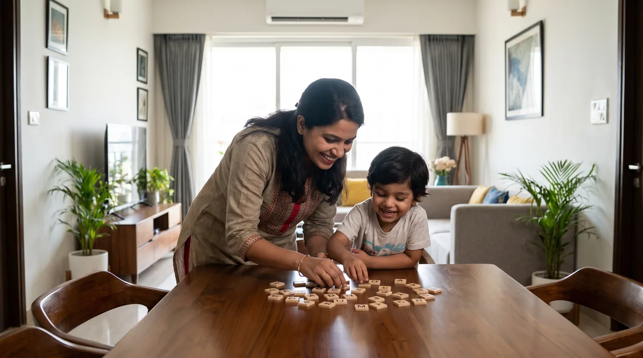 A parent and child reviewing letter tiles together at a kitchen table, building new words