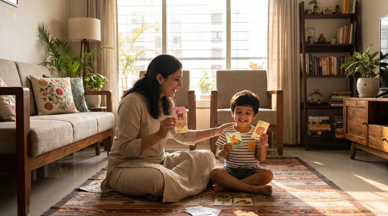 A calm parent and preschooler playing a rhyming game together on the living room floor