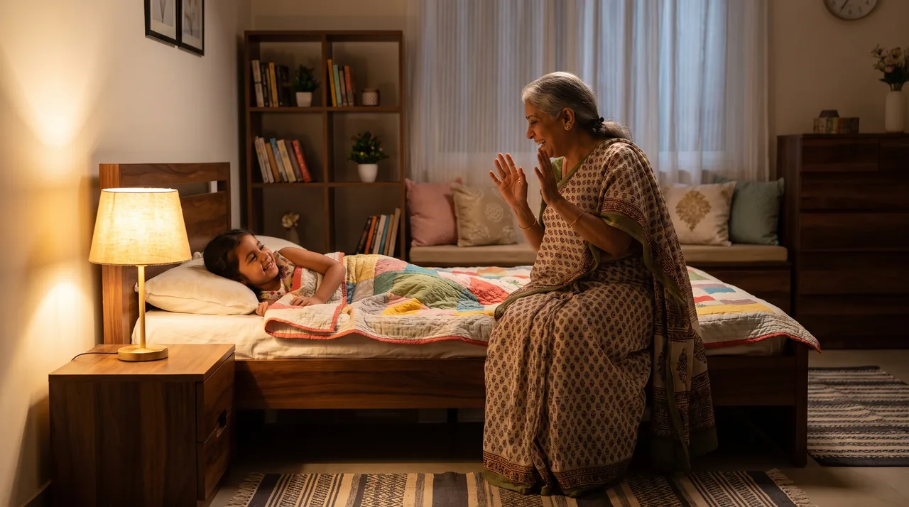A grandmother in a saree telling a bedtime story to her smiling granddaughter by lamplight