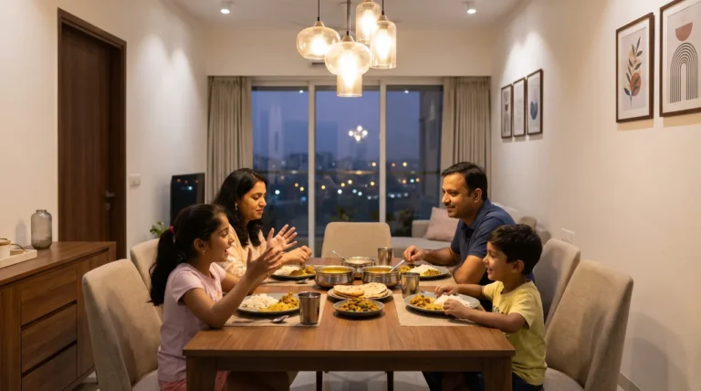 An Indian family of four talking and laughing over dinner, with city lights through the window behind them