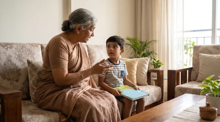 A grandmother telling a story to her six-year-old grandson on a sofa, a picture book on his lap