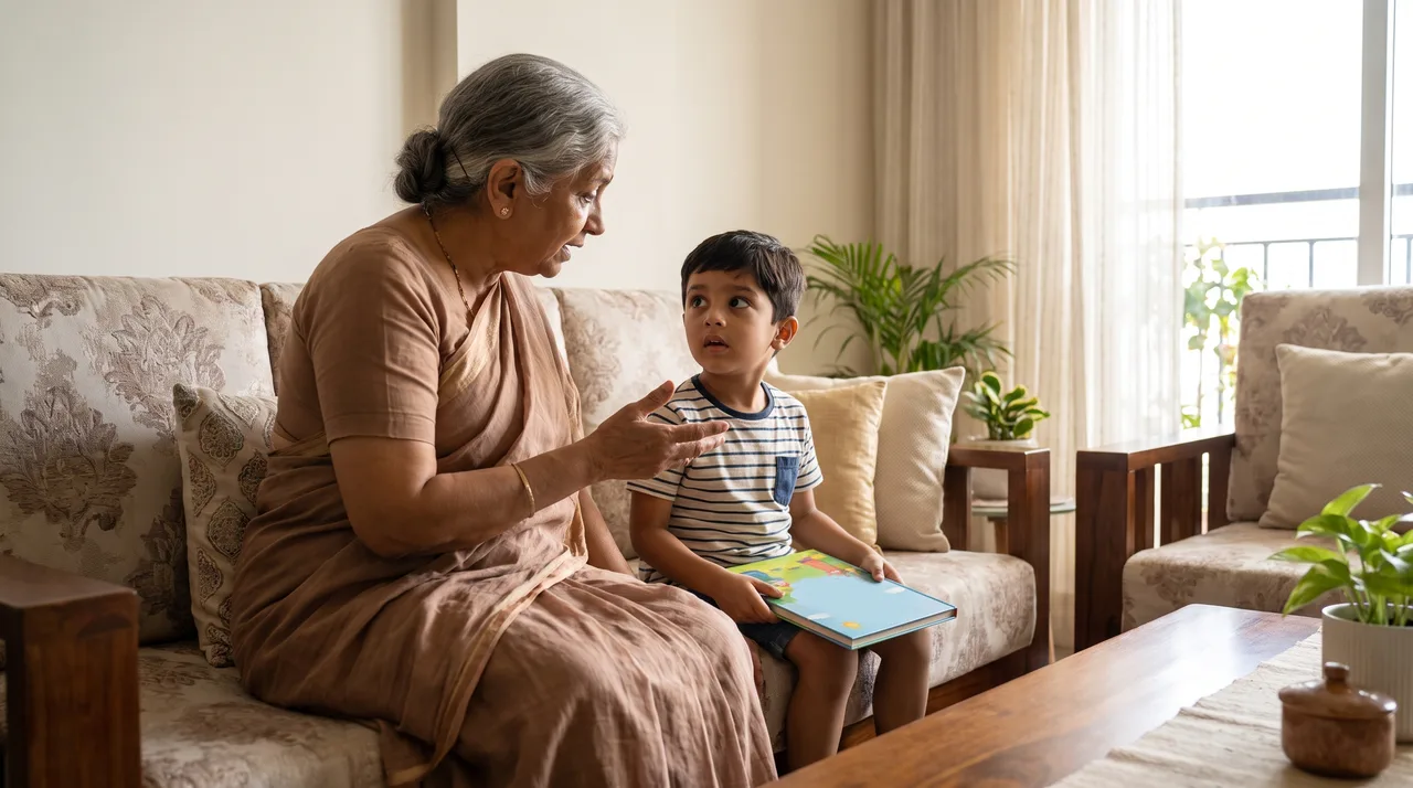 A grandmother telling a story to her six-year-old grandson on a sofa, a picture book on his lap