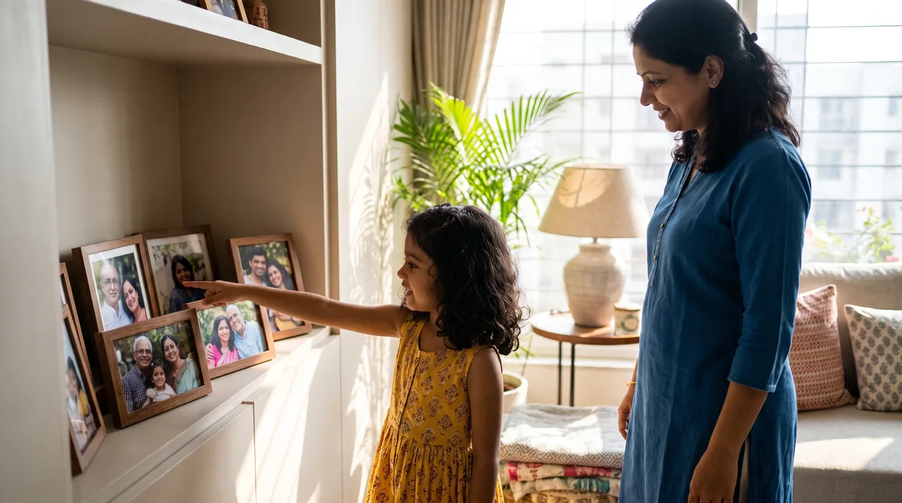A girl in a yellow dress pointing at framed family photographs on a shelf while her mother watches, smiling