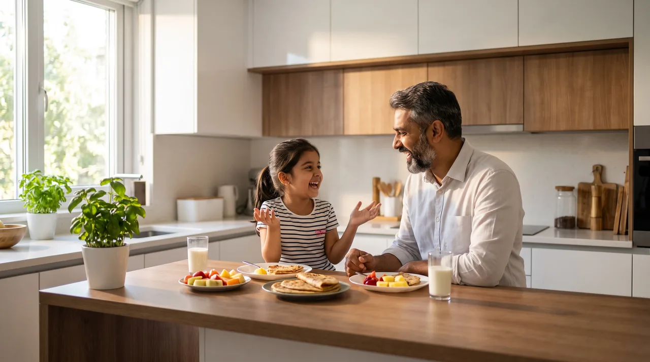 A father and his six-year-old daughter laughing together over breakfast at a kitchen counter