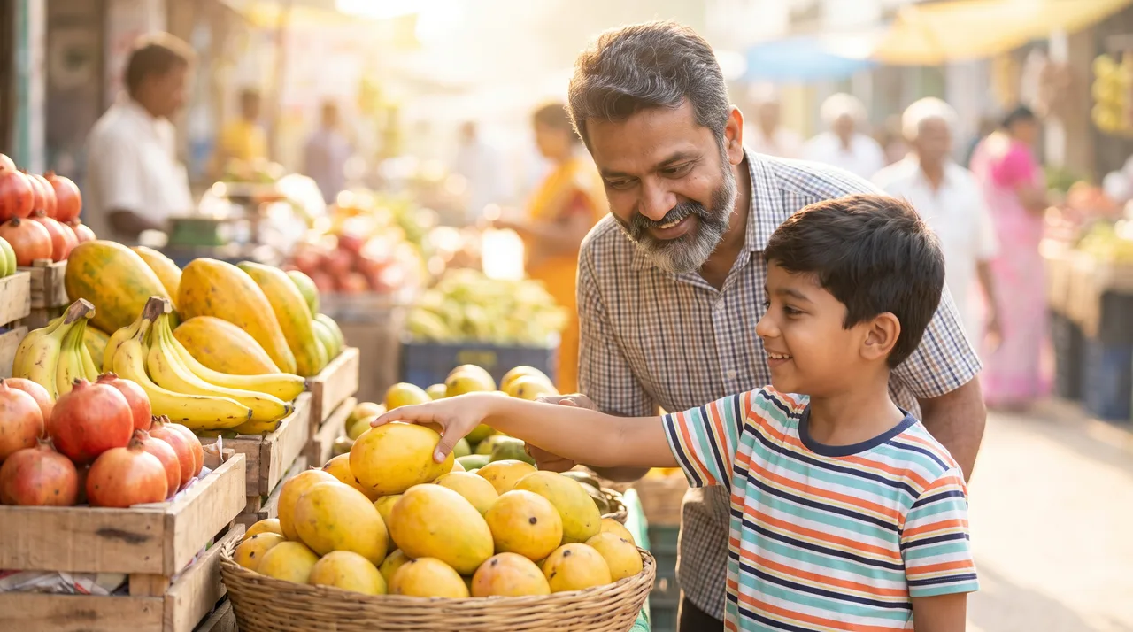 A father and his seven-year-old son choosing mangoes at a fruit stall, a real-life way to teach articles to kids
