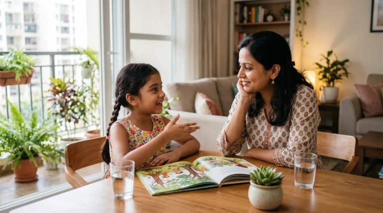 An Indian mother listening with a smile as her eight-year-old daughter tells her a story over an open picture book at the dining table