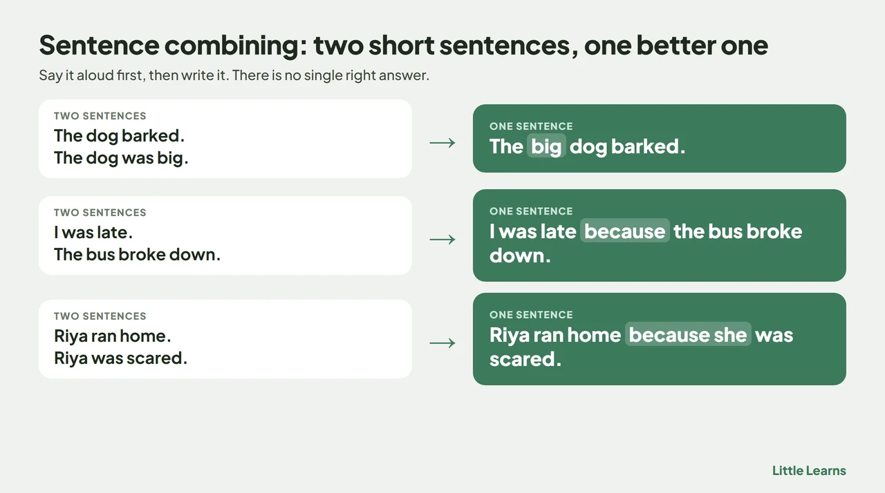 Three pairs of short sentences, each joined into one better sentence: The big dog barked; I was late because the bus broke down; Riya ran home because she was scared